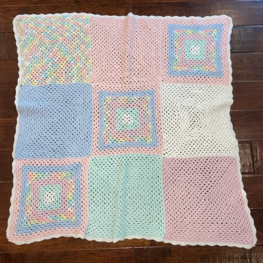 Vintage Crochet Hand Knitted Pastel Stained Glass‎ Sparkly 36x36 Baby Blanket